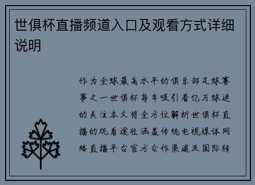 世俱杯直播频道入口及观看方式详细说明