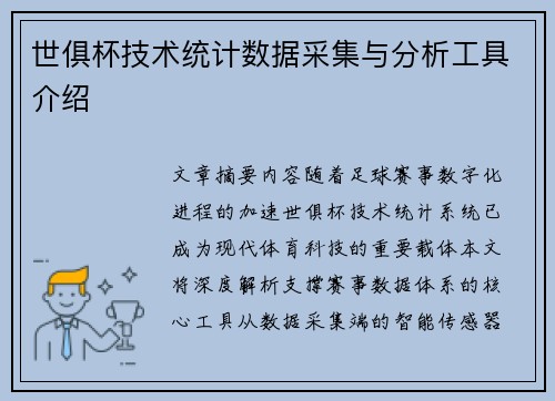 世俱杯技术统计数据采集与分析工具介绍